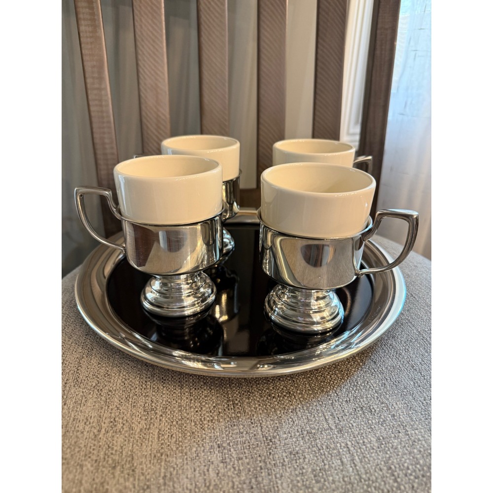 Kirk Stieff Pewter Ceramic Coffee Cup Set 4 Removable Cups with Tray USA